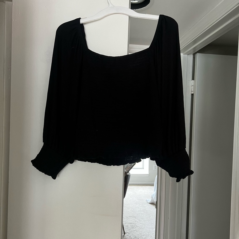 Anthropologie Smocked Puff-Sleeved Long Sleeve Black Top